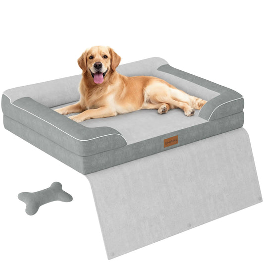 CWAWZ Extra Large Dog Bed Orthopedic Dog Bed with Cooling Gel Memory Foam Waterproof XL Dog Bed with Removable Washable Cover 42" Dog Sofa Couch Dutch Velvet with Blanket Bone Toy Light Gray